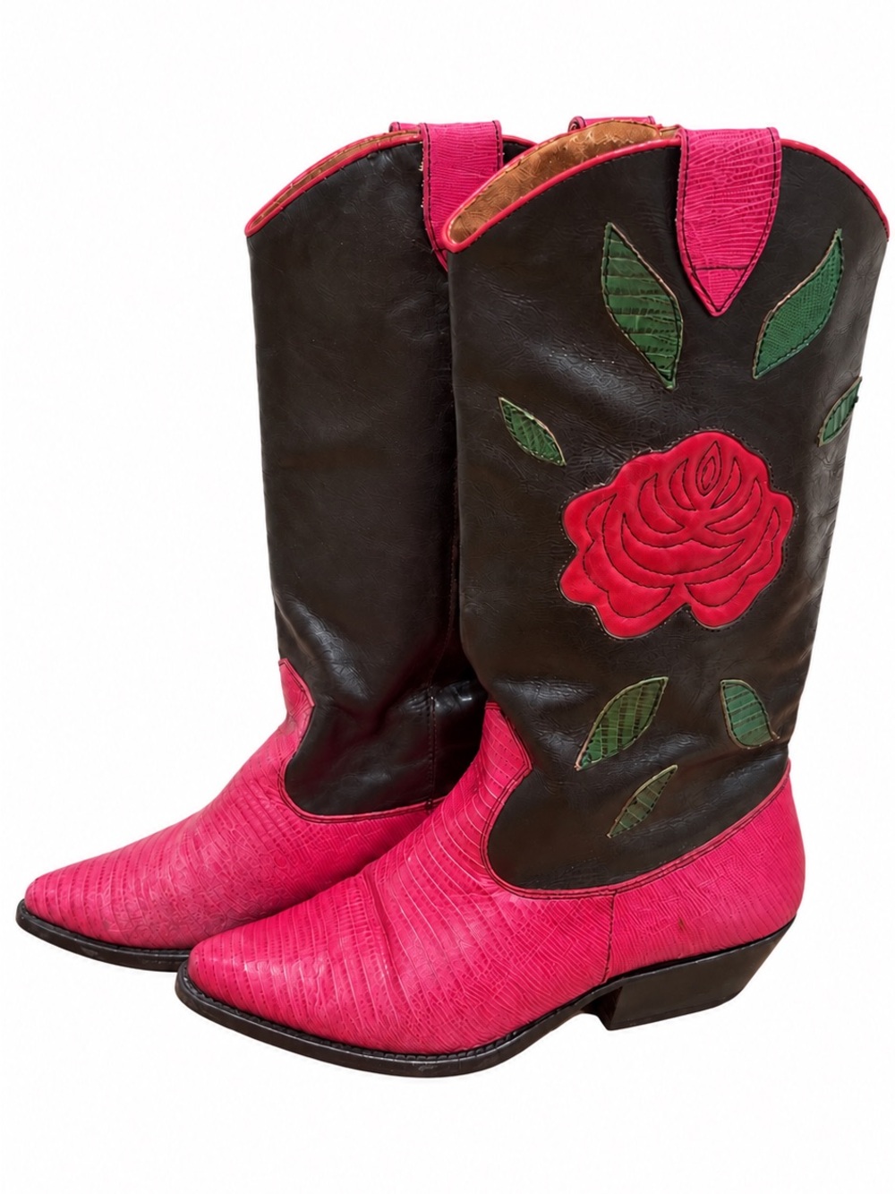 Amazing VTG Nine West Pink and Black Rose Appliqué Western Cowboy Leather Boots